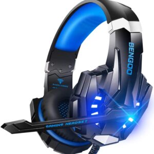 BENGOO G9000 Stereo Gaming Headset for PS4 PC Xbox One PS5 Controller, Noise Cancelling Over Ear Headphones with Mic, LED Light, Bass Surround, Soft Memory Earmuffs for Laptop Mac Nintendo NES Games