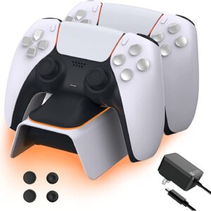 NexiGo PS5 Controller Charger with Thumb Grip Kit, Fast Charging AC Adapter, Dualsense Charging Station Dock for Dual Playstation 5 Controllers with LED Indicator, White