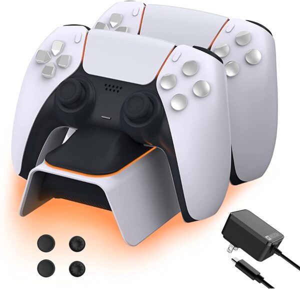 NexiGo PS5 Controller Charger with Thumb Grip Kit, Fast Charging AC Adapter, Dualsense Charging Station Dock for Dual Playstation 5 Controllers with LED Indicator, White