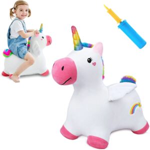 iPlay, iLearn Bouncy Pals Unicorn Hopping Horse Plush, Outdoor n Indoor Ride on Animal Toys, Inflatable Hopper, Activity Riding Birthday Gift for 18 Months 2 3 4 Year Old Kid Toddler Girl W/ Pump