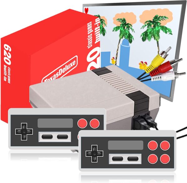 Texas Deluxe TV AV 620 Classic Mini Retro Game Consoles with Built in Games, Classic Video Game Console 500 Unique Games, 2X 4-Button Controllers Built in with 620 Classic Retro Games