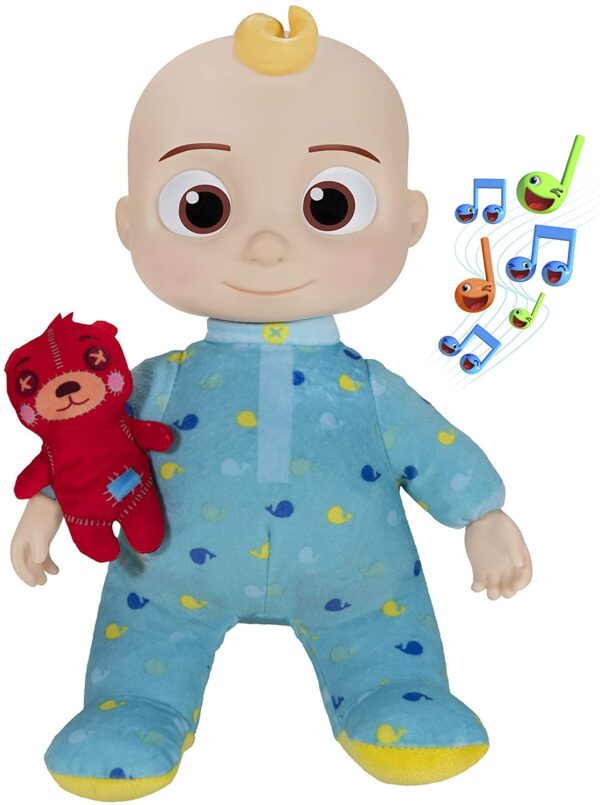 CoComelon Official Musical Bedtime JJ Doll, Soft Plush Body ? Press Tummy and JJ sings clips from ?Yes, Yes, Bedtime Song,? ? Includes Feature Plush and Small Pillow Plush Teddy Bear ? Toys for Babies