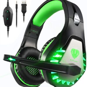 Pacrate Gaming Headset with Microphone for Laptop Xbox One Headset PS4 Headset Mac Gaming Headphones with Microphone Noise Isolating PC Headset with LED Lights Deep Bass for Adults Kids Black Green