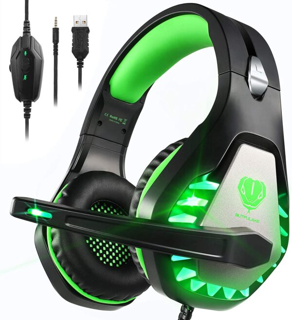 Pacrate Gaming Headset with Microphone for Laptop Xbox One Headset PS4 Headset Mac Gaming Headphones with Microphone Noise Isolating PC Headset with LED Lights Deep Bass for Adults Kids Black Green