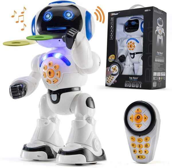 TOP RACE Remote Control RC Robot Toy Walking Talking Dancing Toy AI Robots for Kids, Sings, Reads Stories, Math Quiz, Shoots Discs, Voice Mimicking. Educational Toys for 3 4 5 6 7 8 9 Year Old Boys