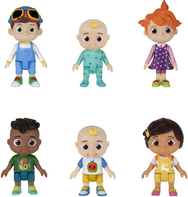 Cocomelon Official Friends & Family, 6 Figure Pack - 3 Inch Character Toys - Features Two Baby JJ Figures (Tee and Onesie), Tomtom, YoYo, Cody, and Nina - Toys for Babies and Toddlers