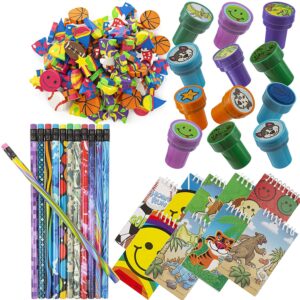 Favonir Assorted Party Souvenir Favors 84 Bundle | Mini Notebooks, Erasers, Stampers & Pencils in Variety of Styles | Kids Birthday Party Supplies Bulk Set
