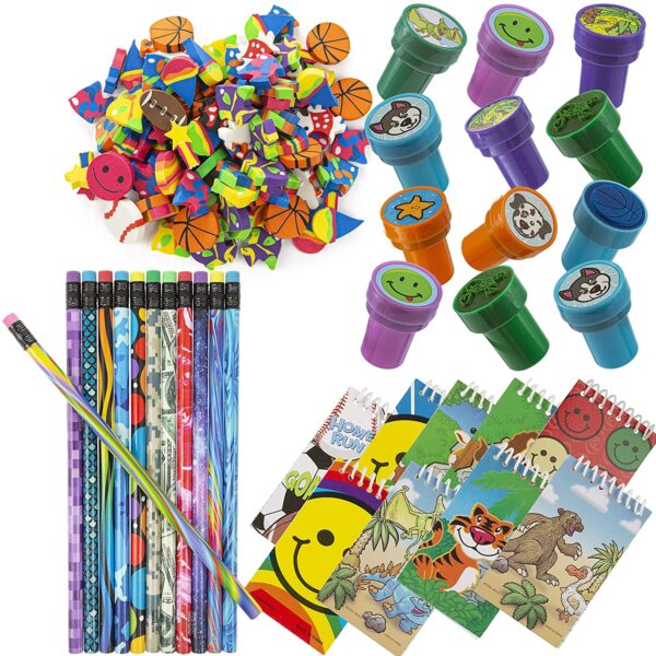 Favonir Assorted Party Souvenir Favors 84 Bundle | Mini Notebooks, Erasers, Stampers & Pencils in Variety of Styles | Kids Birthday Party Supplies Bulk Set